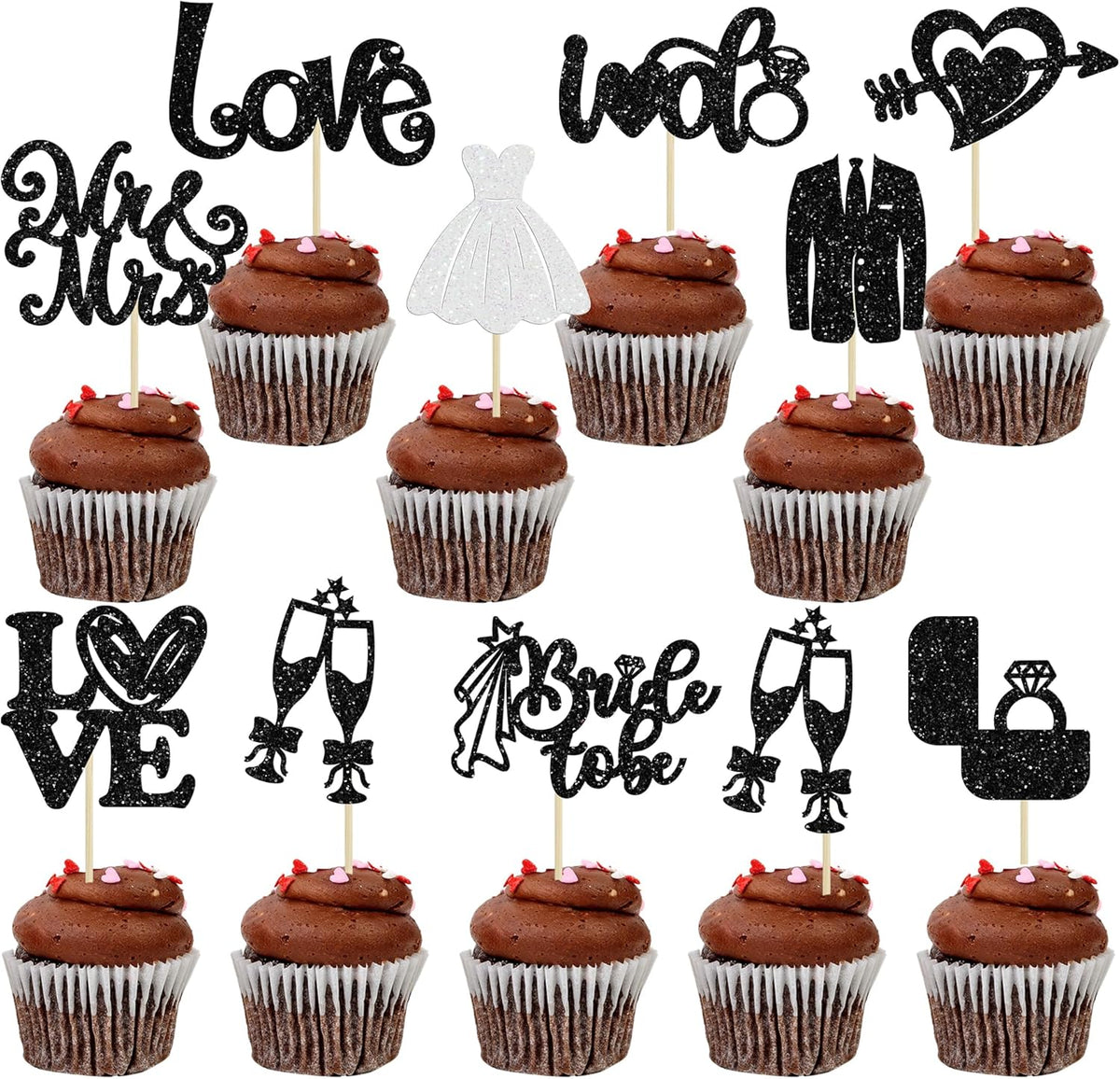 Ephlyn 30Pcs Bride to be Cupcake Toppers Glitter Wedding Cake Topper Decorations I Do Love Heart
