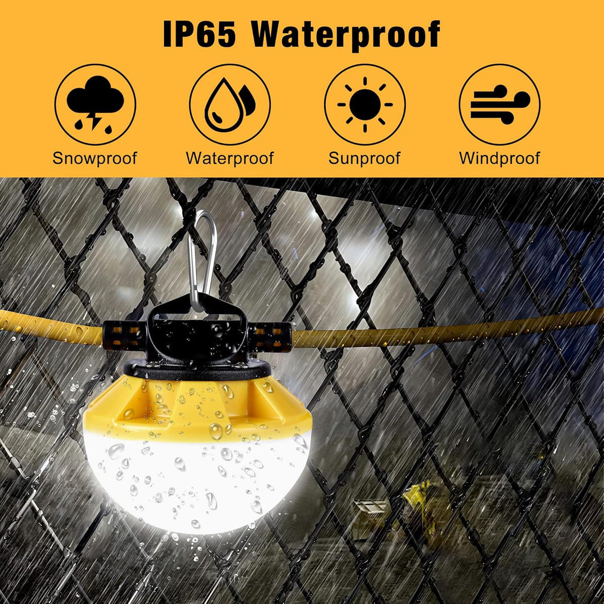3-Prong 100FT Construction String Lights, IP65 Waterproof ETL Certified String Work Lights, 5000K