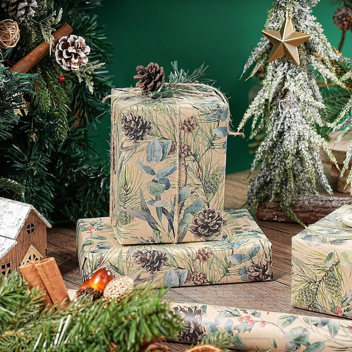 RUSPEPA 30" X 100' Kraft Christmas Wrapping Large Paper Roll, Jumbo Roll, Watercolor Pinecone and