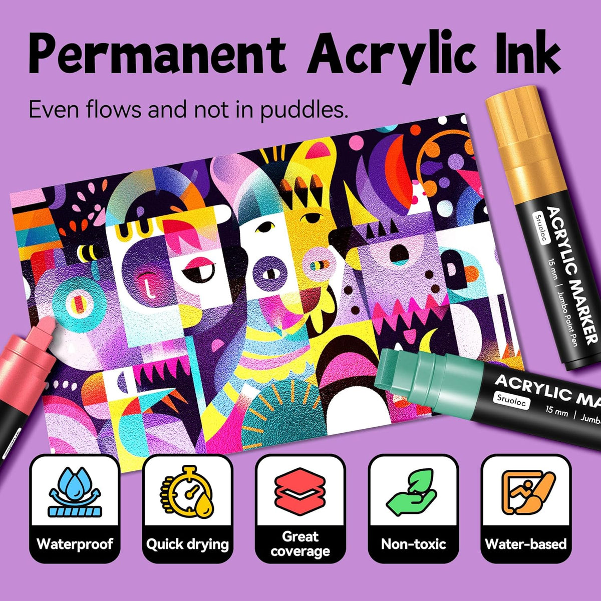 12 Metallic Colors Jumbo Markers, 15mm Jumbo Felt Tip, Acrylic Paint Markers for Rock Painting