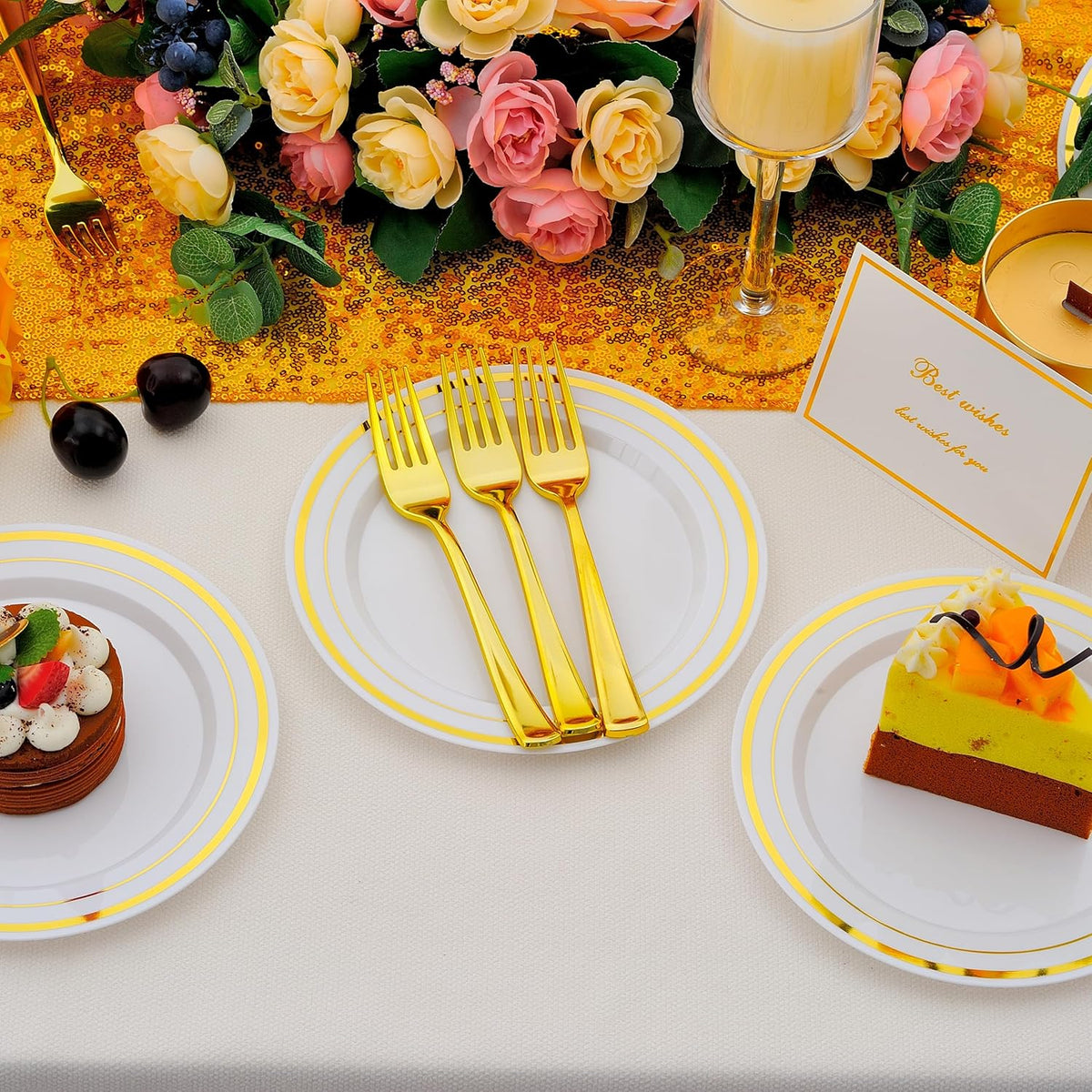 200pcs Gold Dessert Plates with Forks for 100 Guests-100pcs 7.5" Small Plastic Dessert Plates and