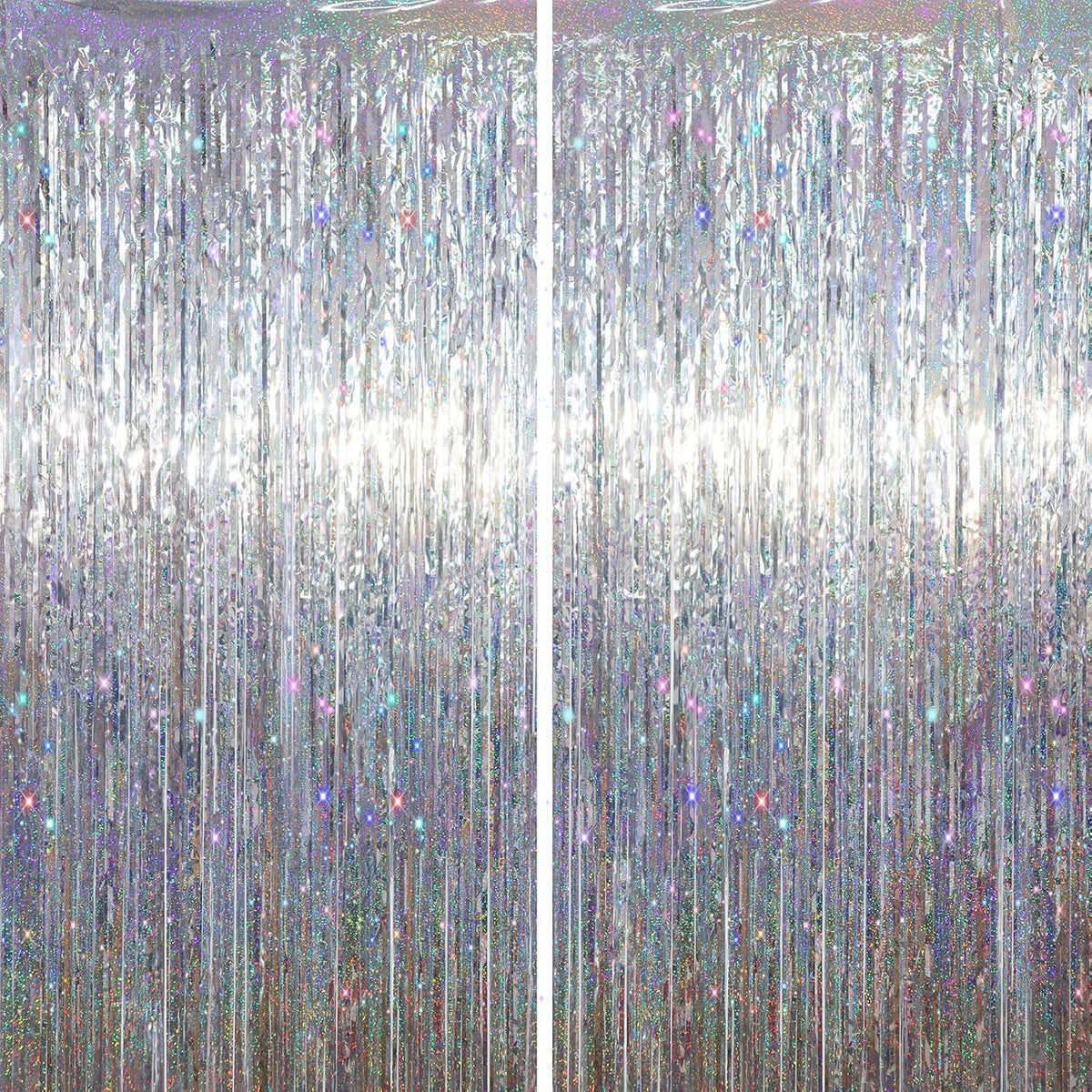 2 Pack Laser Silver Tinsel Foil Fringe Curtains, Silver Party Decorations, Metallic Tinsel Party