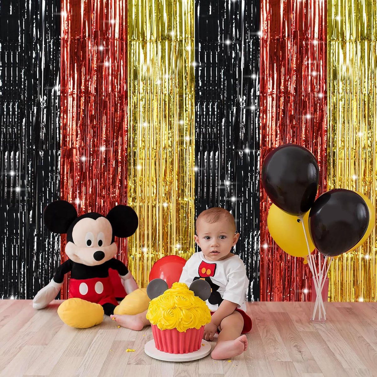 TONIFUL Black Red Gold Door Streamers,Black Red and Gold Photo Booth Backdrop Metallic Streamers
