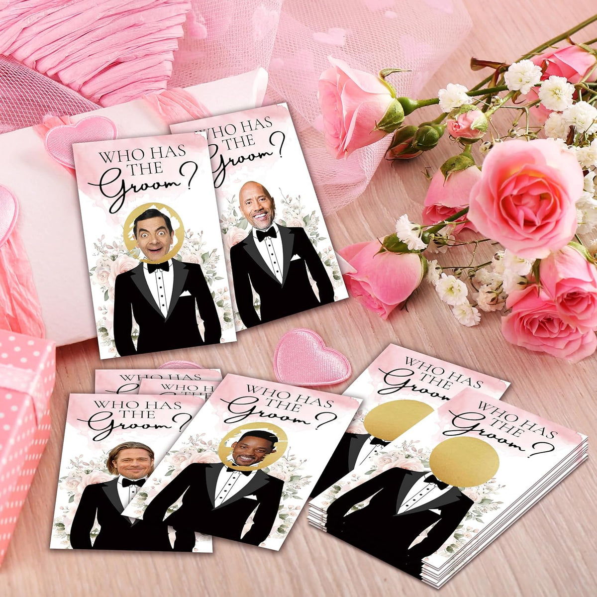 Who Has The Groom Bridal Shower Games, 41 PCcs Pink Floral Scratch Off Cards, 3.5"x 2.1" Funny