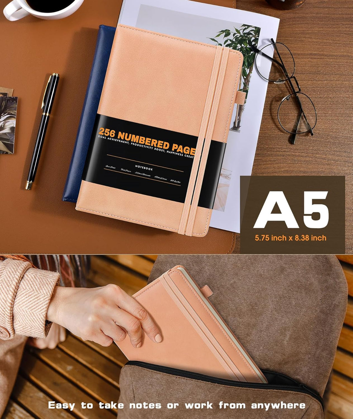 Lined Journal Notebook for Women Men, 256 Numbered Pages Hardcover Leather Journals for Writing, A5