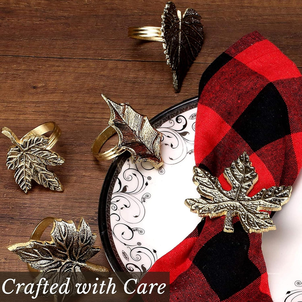 12-Piece Metal Napkin Rings - Antique Gold Harvest Leaf Napkin Rings - Decorative Table Accents for