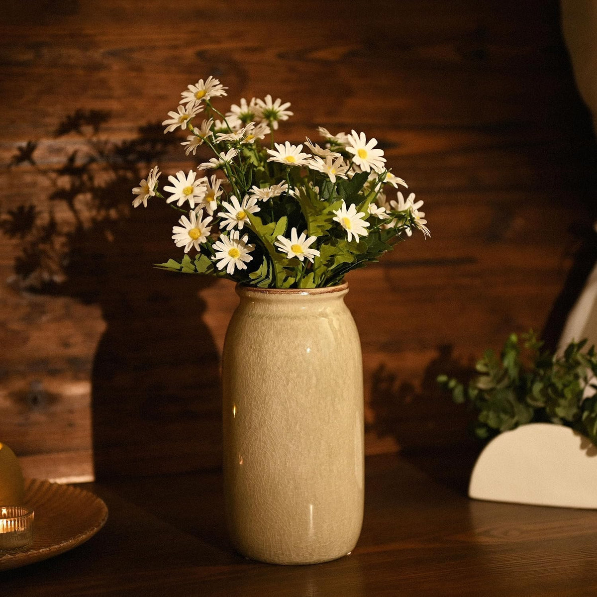 VICTOR & TERESA Rustic Large Green Vase for Home Decor, 10'' Tall Ceramic Vases for Flowers