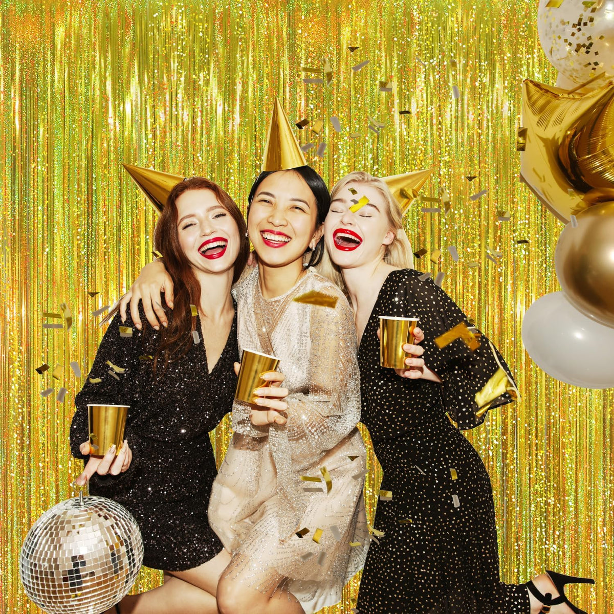 GOER 3.2 ft x 8.2 ft Metallic Tinsel Foil Fringe Curtains Party Photo Backdrop Party Streamers for