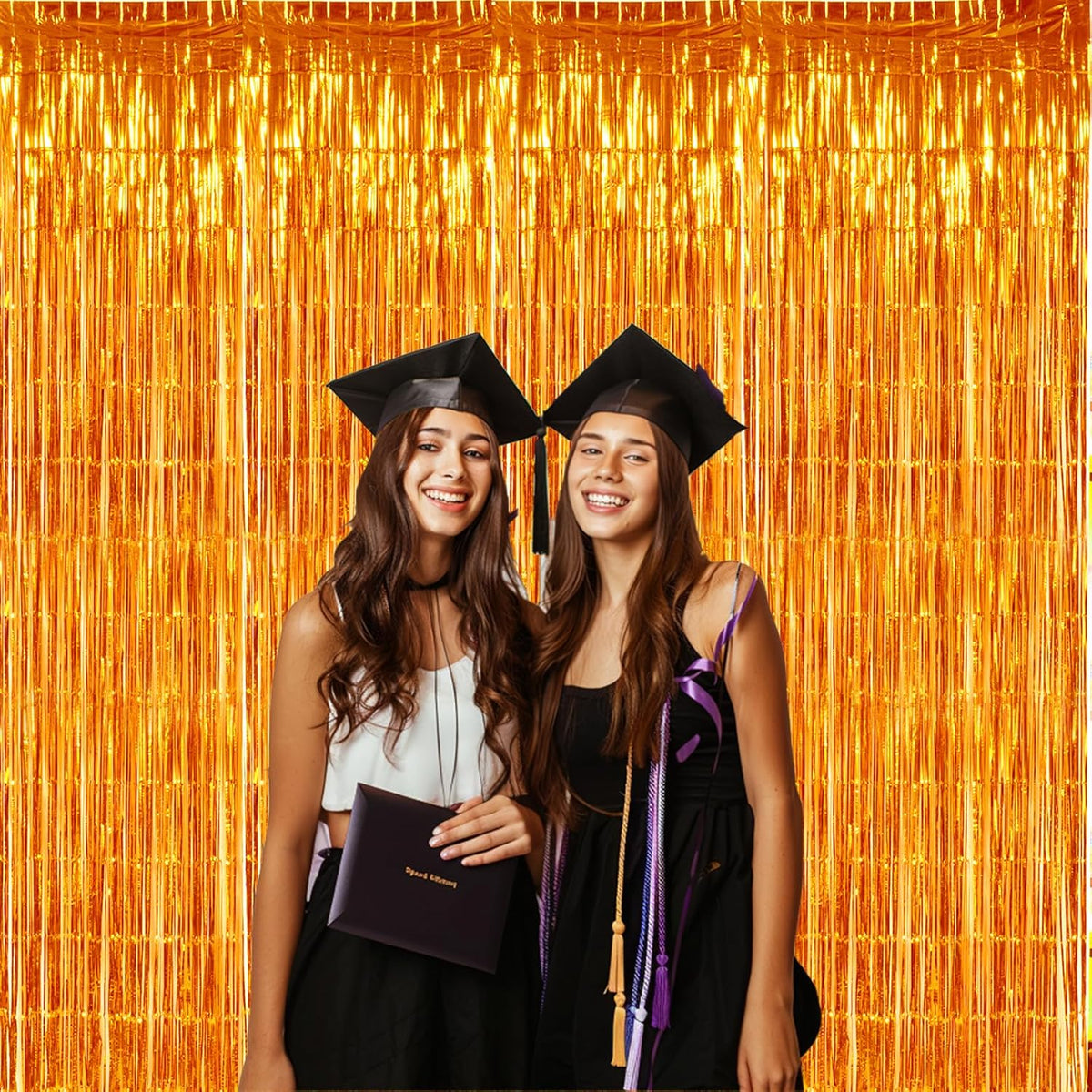 TONIFUL 3Pcs Orange Door Streamers,Photo Booth Backdrop Metallic Streamers Foil Fringe Curtains for