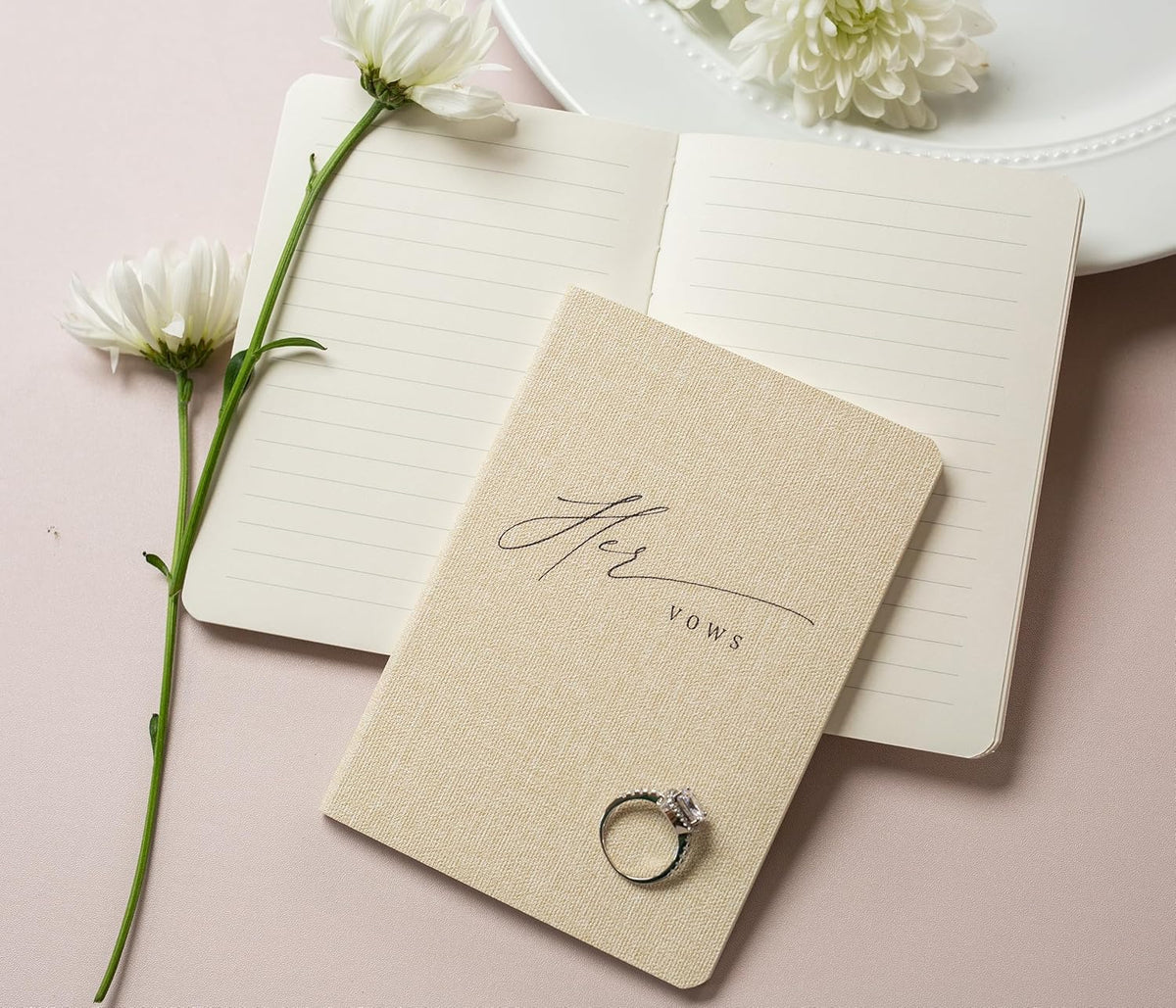 Slim Vow Books (Set of 2 - Design 5) - Soft Cream Canvas Linen Textured Cover Wedding Vow Booklets