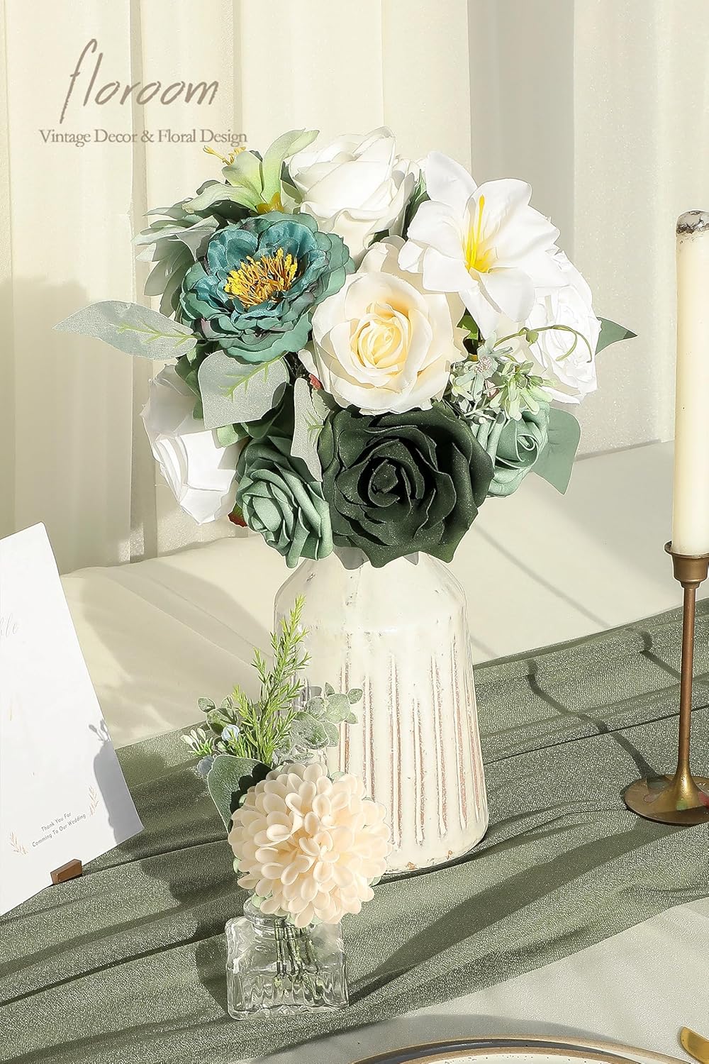 Floroom Sage Green Artificial Flowers Fake Roses Peonies Dahlia Greenery Combo Box Set for DIY