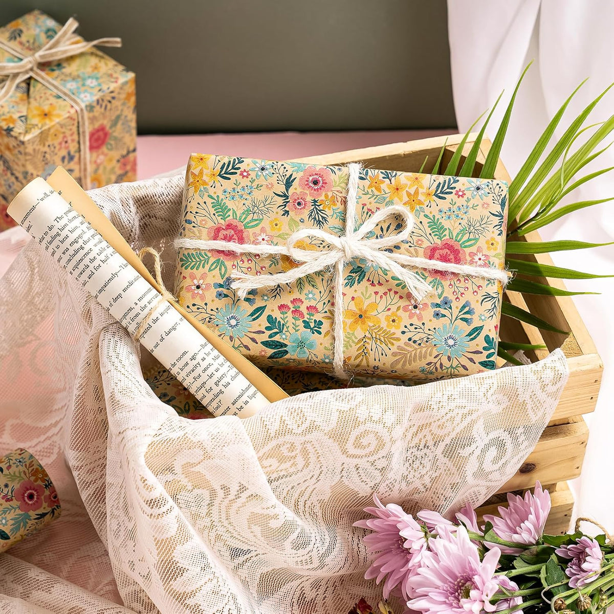 WRAPAHOLIC Kraft Floral Wrapping Paper Roll - Mini Roll - 17 Inch x 33 Feet - Spring Summer Garden