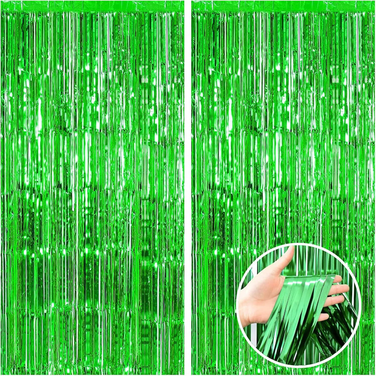 CANREVEL 2 Pack 3.3x8.2 Feet Foil Fringe Backdrop Curtains, Green Tinsel Streamers Birthday Party