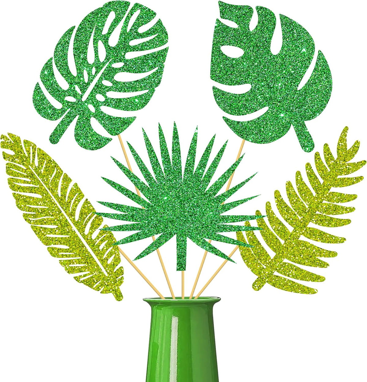 20pcs Glitter Tropical Leaves Centerpiece Decorations for Table Green Palm Leaf Theme Centerpiece