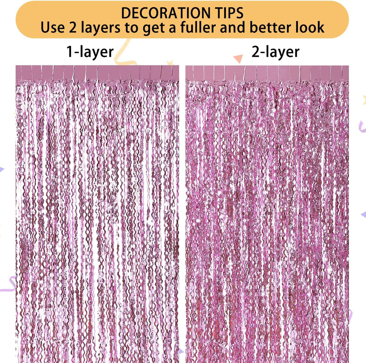 Pink Foil Fringe Curtain - Wavy Fringe Backdrop 3.3 x 6.6 Feet, Pack of 3 | Pink Streamers Party