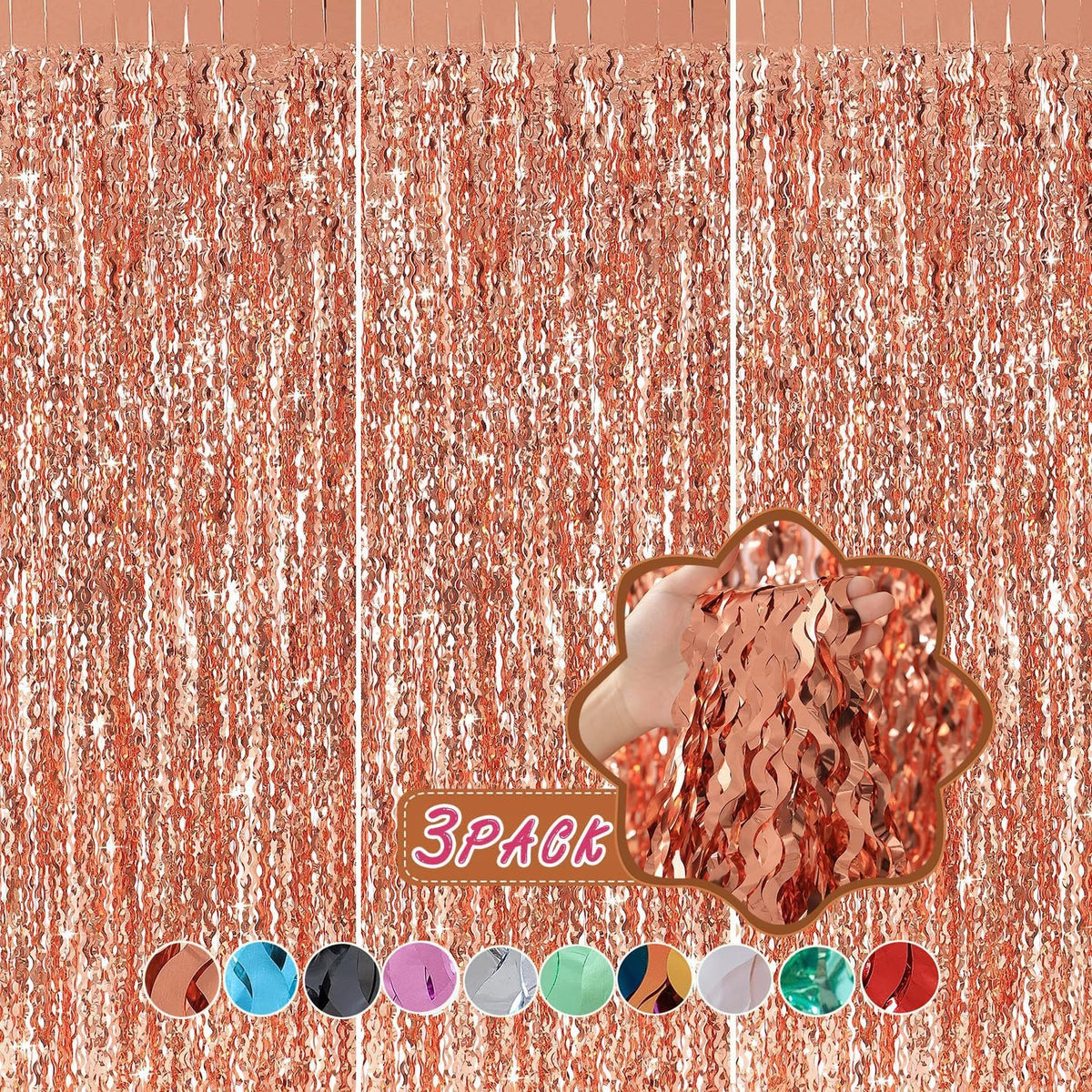 Wavy Fringe Curtain - Rose Gold, 3.3 ft x 6.6 Feet, Pack of 3 | Party Decorations, Streamers for