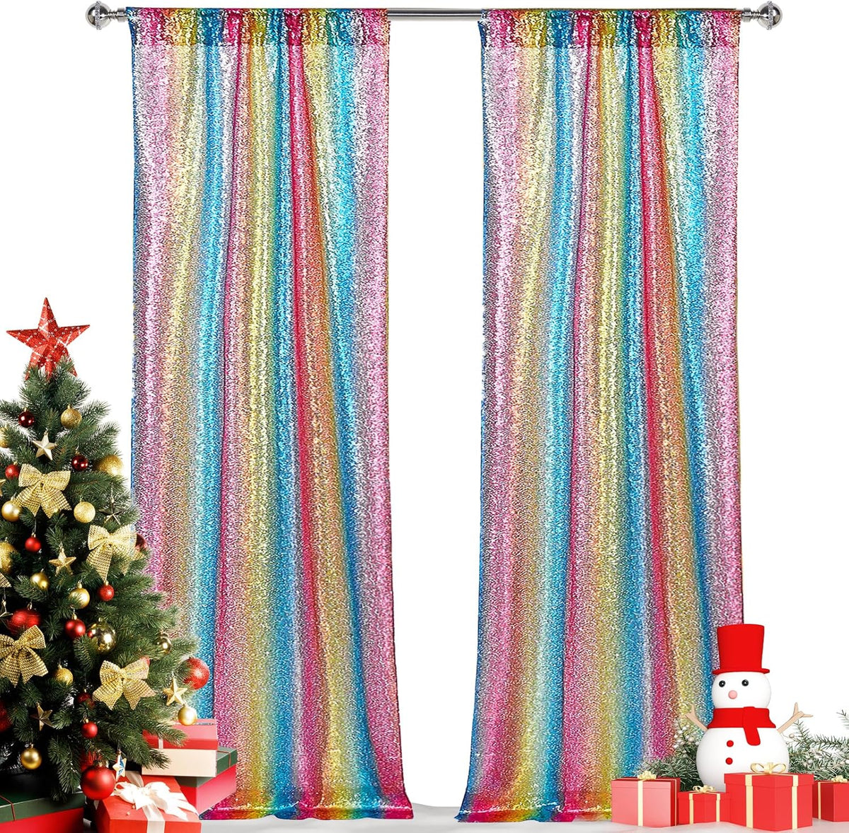 Hahuho Rainbow Sequin Backdrop Curtain, 2PCS 2FTx8FT Glitter Backdrop Curtain for Parties