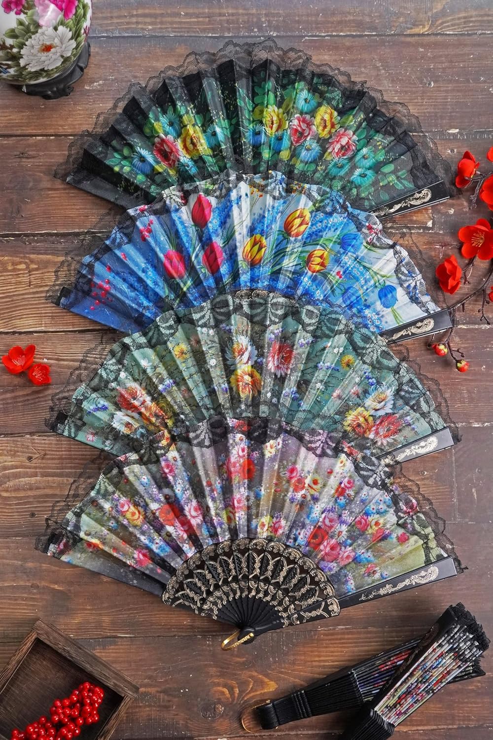 HUNANBANG 4 Pieces Folding Hand Fans Church Wedding Gift, Party Favors, DIY Decoration Gift Size9