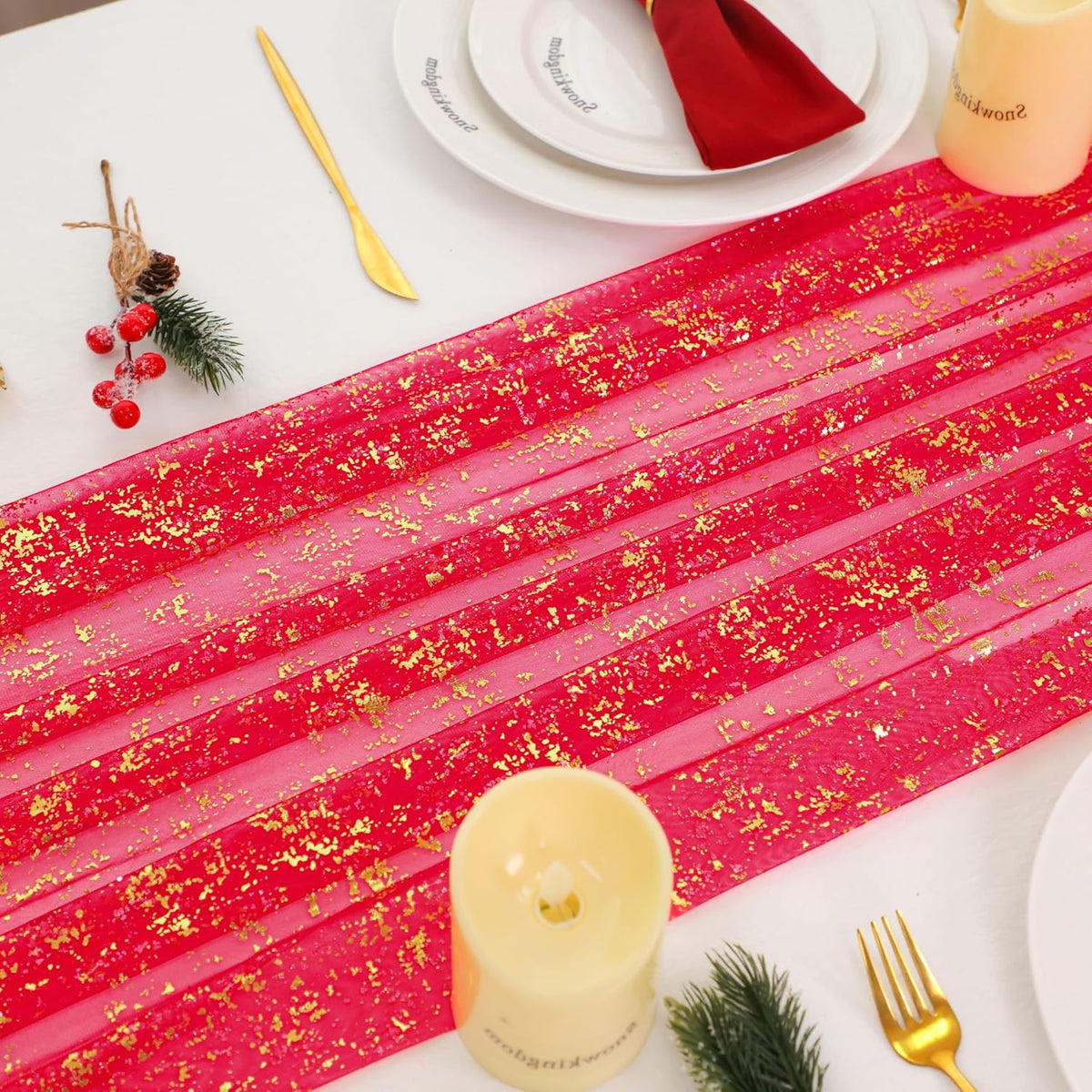 Snowkingdom 10FT Red Gold Table Runner, Sequin Glitter Sheer Chiffon Gauze Cheesecloth Runner 120