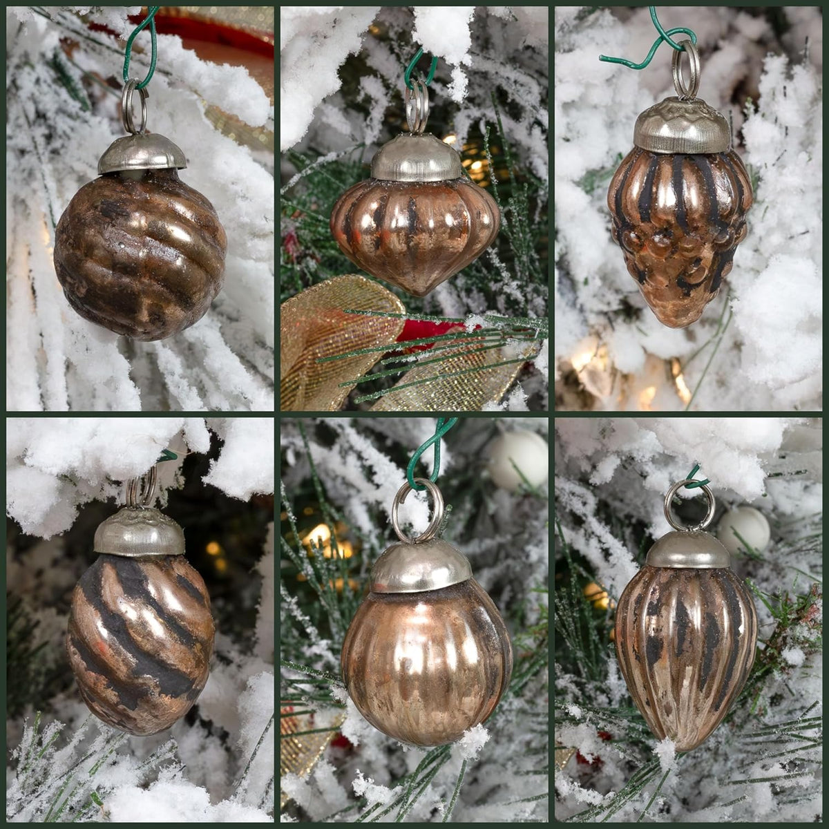 AuldHome Mercury Glass Finial Ornaments (Set of 12, Copper, Small); Distressed Metal Antique Style