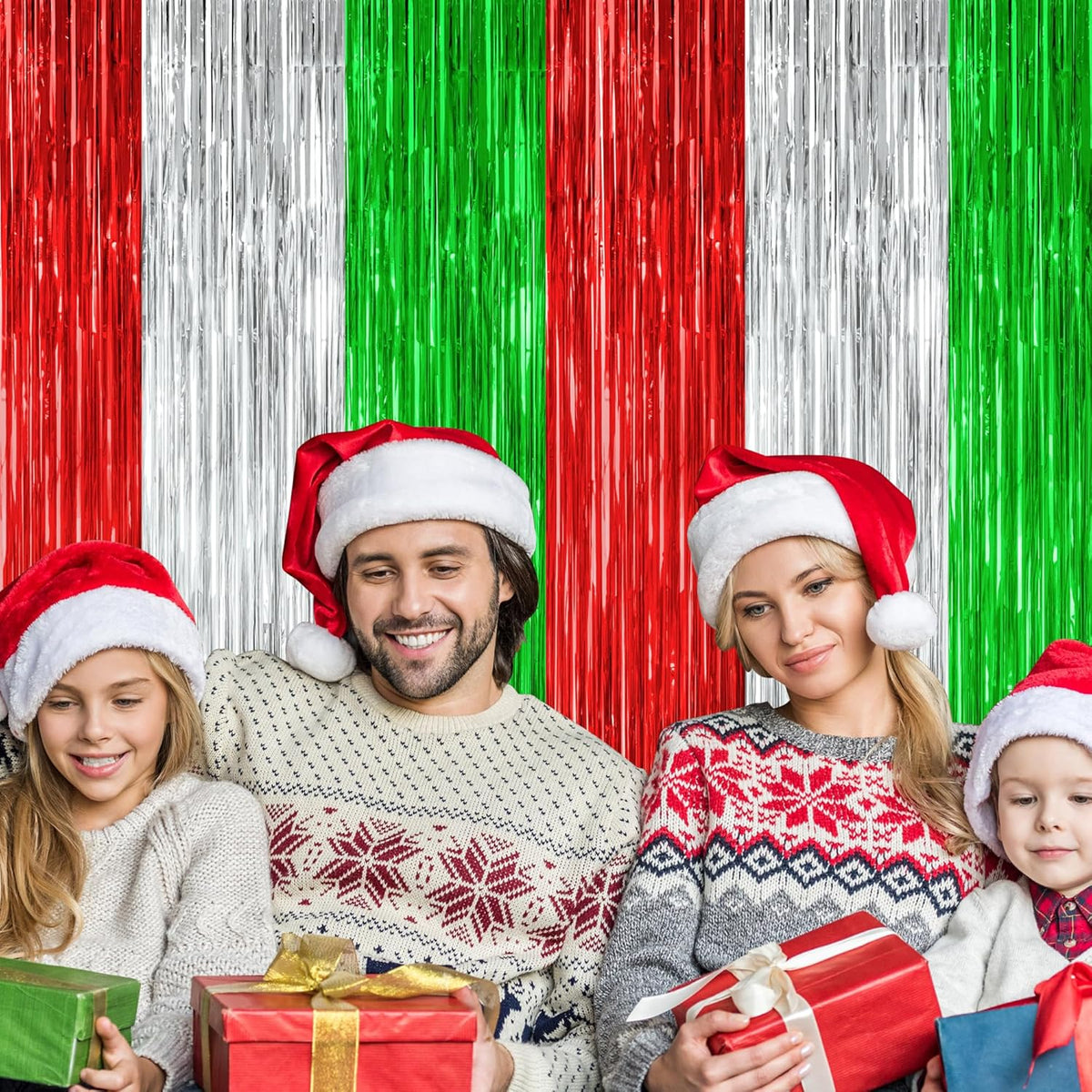 2 Pack Christmas Backdrop, 3.28 FT x 7.05 FT Red Silver Green Party Streamer, Metallic Xmas