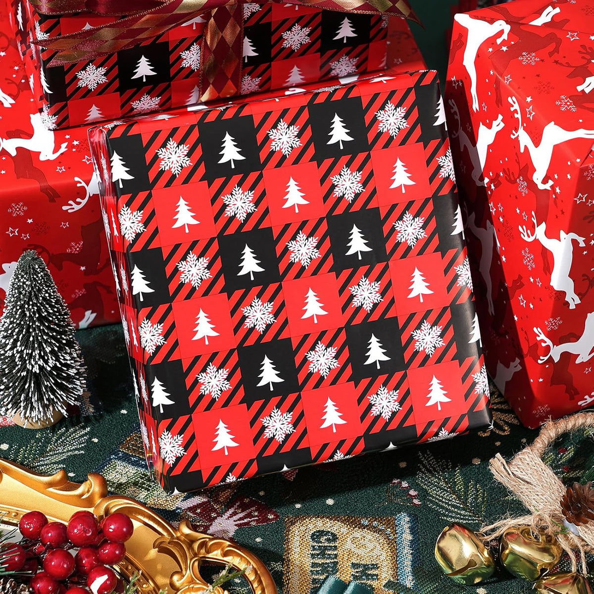 Ulmasinn Reversible Christmas Wrapping Paper Roll - 17" x33ft Double-Sided Designs with Red Nordic