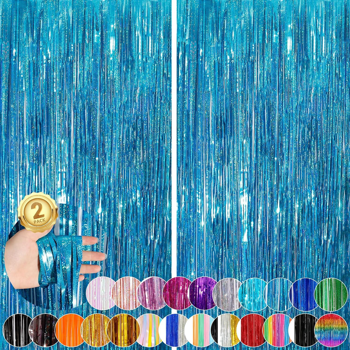 2Pack 3.3x8.3Ft Blue Foil Fringe Streamers Curtain Metallic Foil Tinsel Fringe Door Streamers for