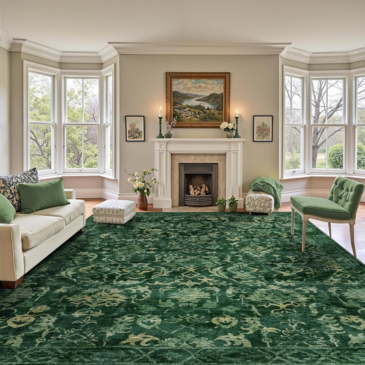 Dark Green Area Rugs 8x10 Rugs for Living Room, Traditional Washable Rugs for Bedroom Distressed