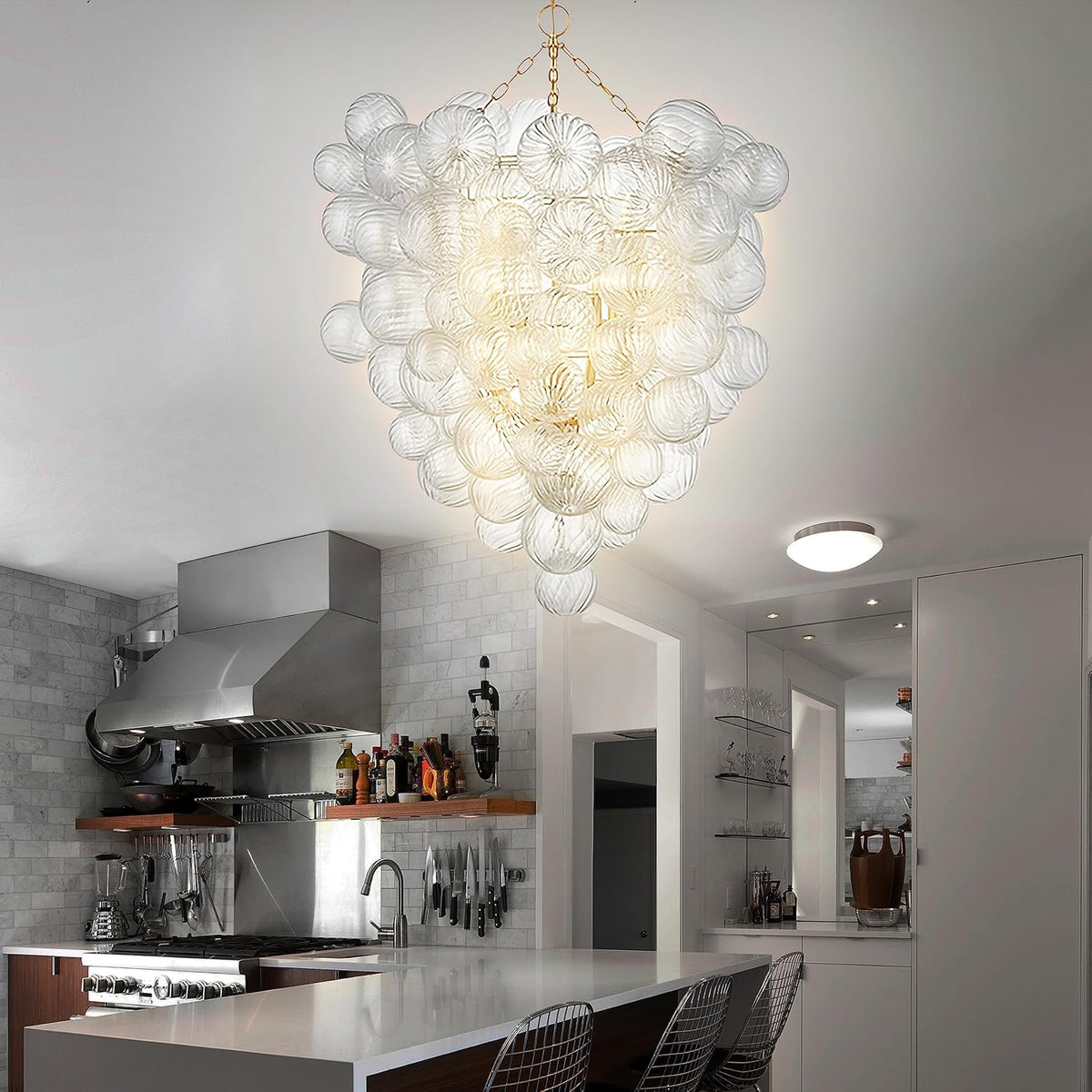 Mid Century Bubble Ball Swirled Glass Chandelier, 36 in. 2-Layer Cages Gild Gold and Clear Blown