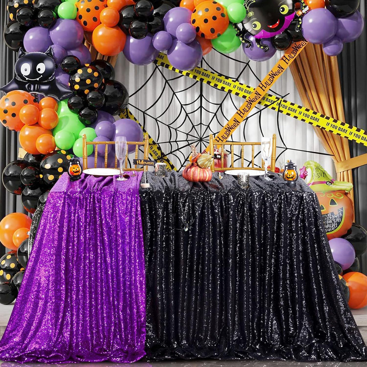 QueenDream Black Party Decorations Sequin Tablecloth: Glitter Overlay 90x90 Inch Table Drapes for