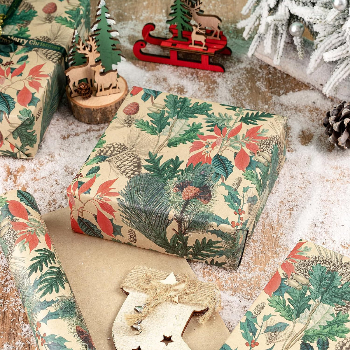 RUSPEPA Kraft Christmas Wrapping Paper Roll, Mini Roll, Watercolor Winter Botanical Design with