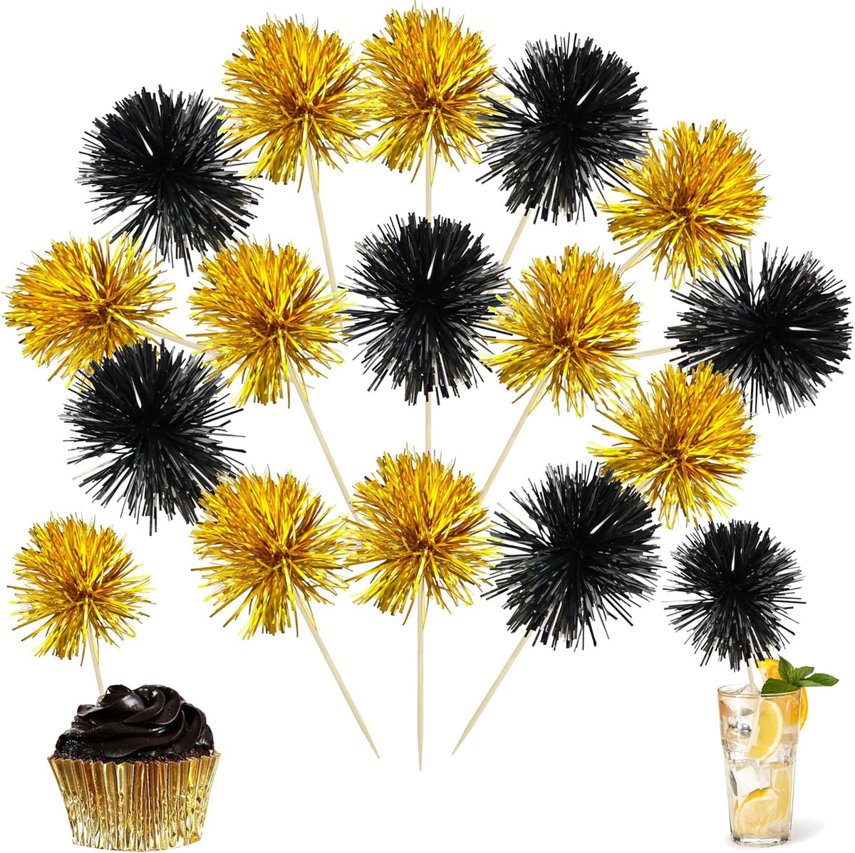 Ephlyn 30Pcs Foil Firework Cupcake Toppers Sparkle Tinsel Cupcake Picks Happy Birthday Cake
