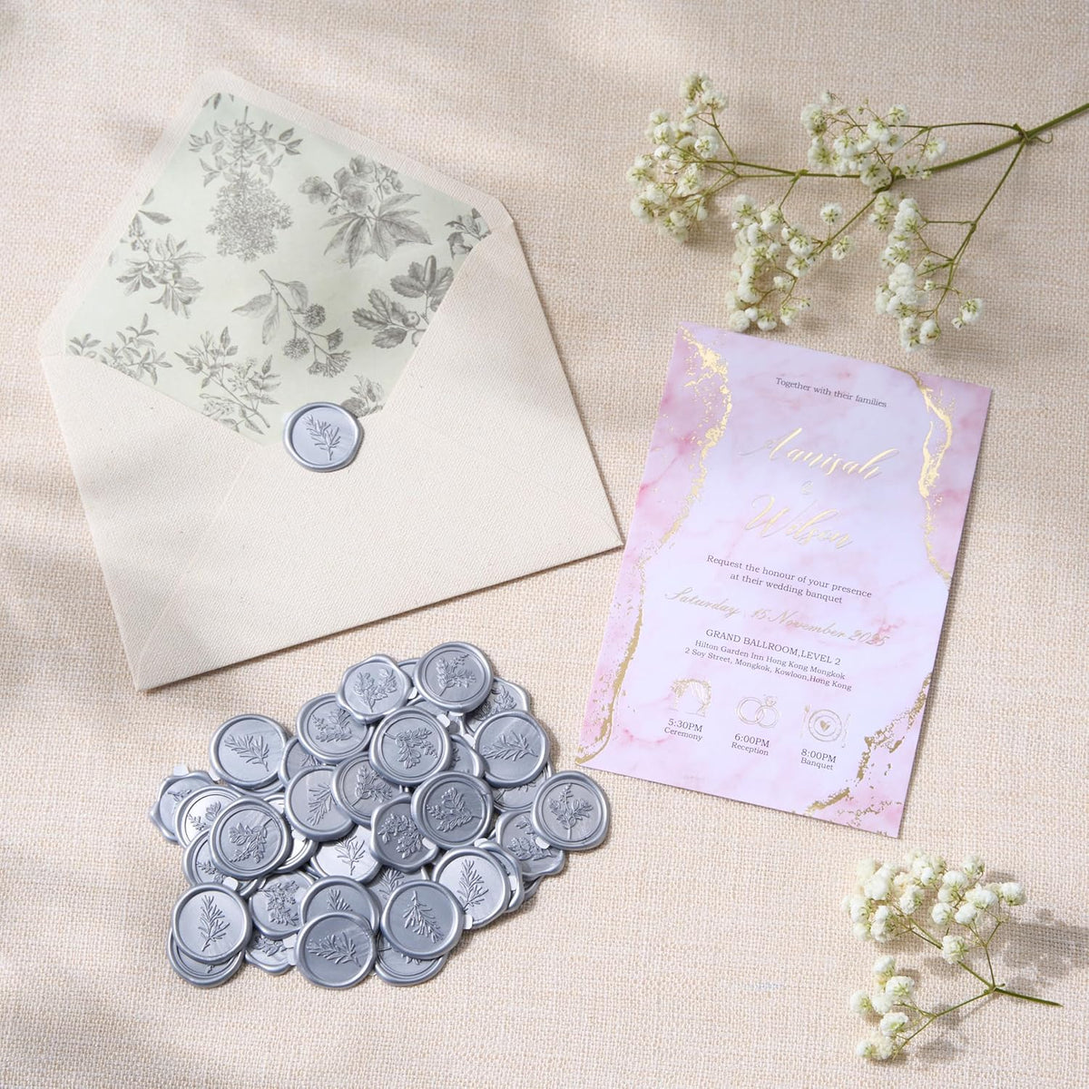 Wax Seal Stickers (60 Pcs, 3 Designs in 1 Pack) Premium Envelope Seal Stickers for Wedding