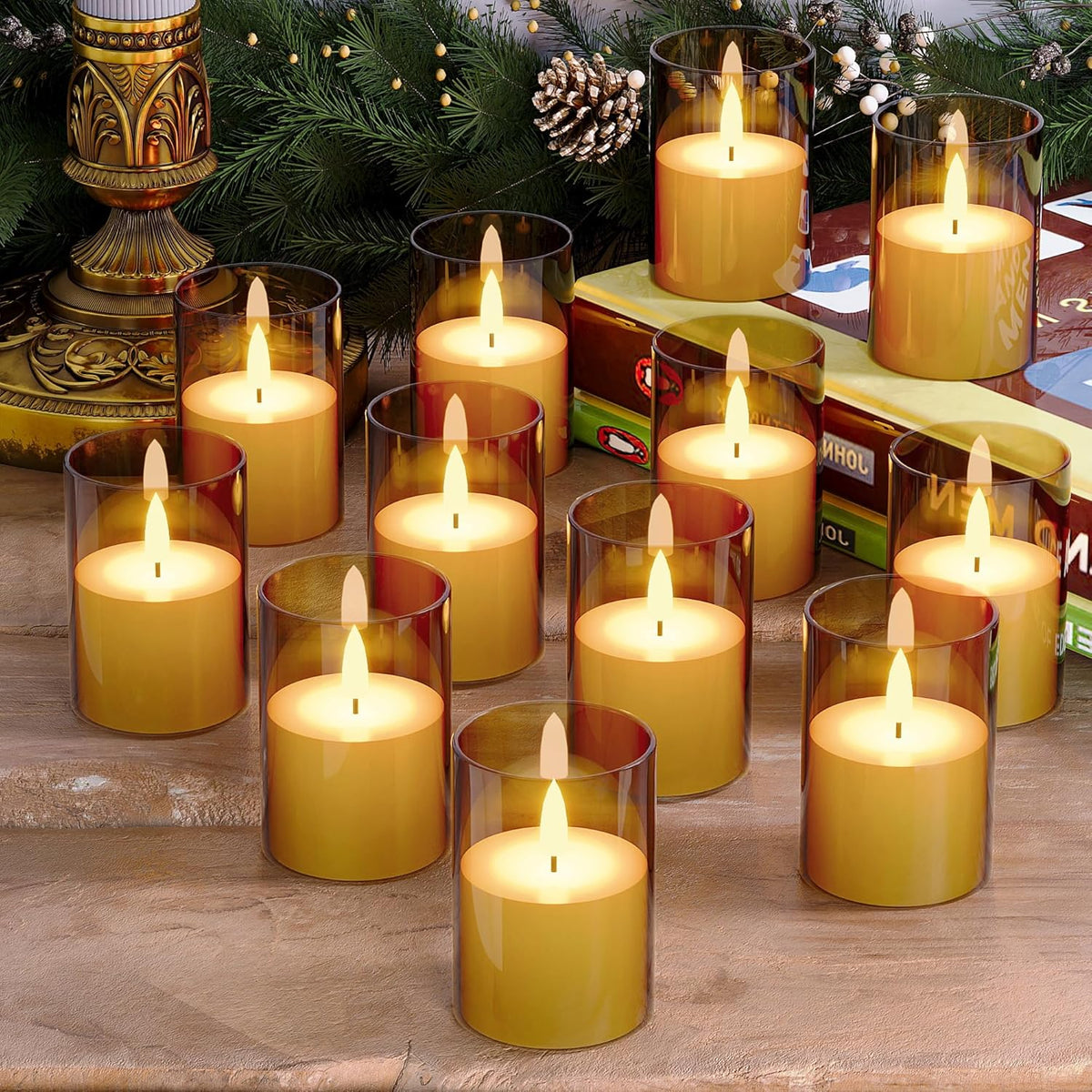 12Pack Flickering Flameless LED Candles with Timer, Battery Powered - Small Pillar & Votive