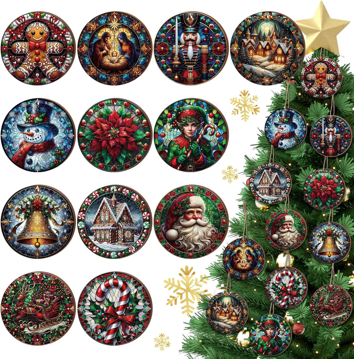 Suzile 36 Pcs Christmas Wooden Ornaments Vintage Christmas Decoration Oil Painting Round Ornaments