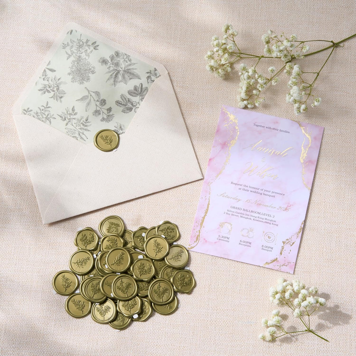 Wax Seal Stickers (60 Pcs, 3 Designs in 1 Pack) Premium Envelope Seal Stickers for Wedding