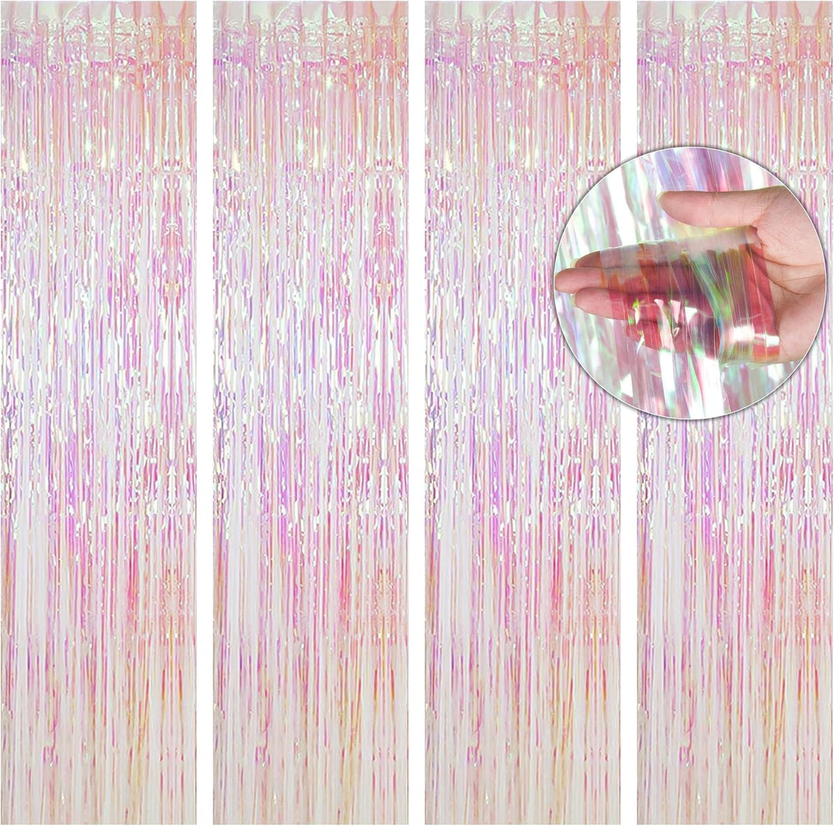 BTSD-home 4 Pack Iridescent Backdrop Transparent Clear Foil Fringe Curtain, Metallic Photo Booth