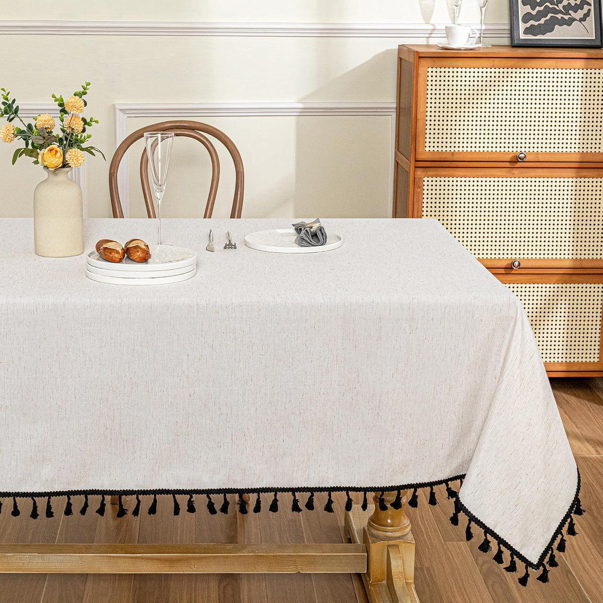 MYSKY HOME Table Cloth 60x60 in Rectangle Table, Heavy Duty Cotton Tassel Linen Look Waterproof