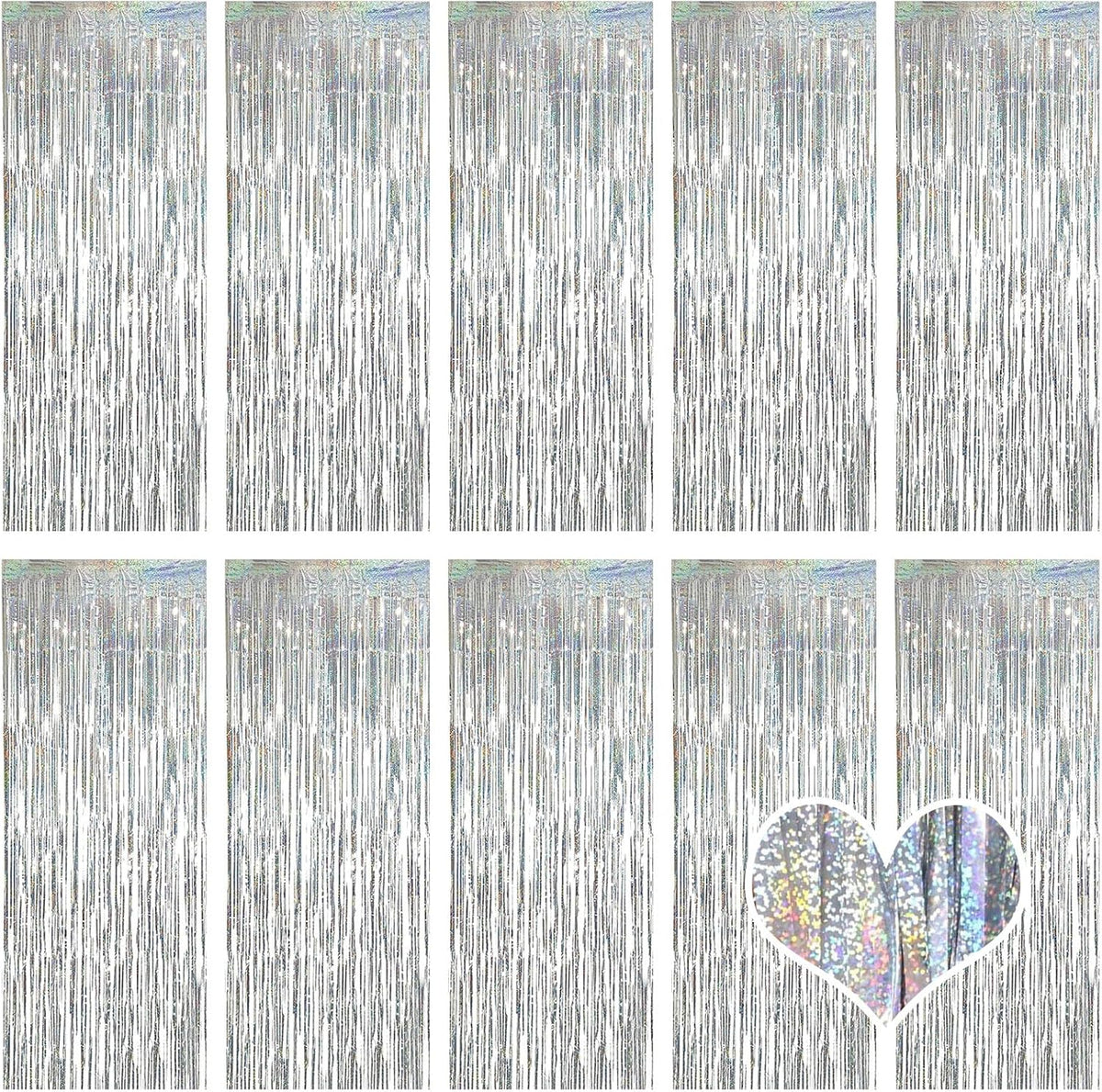 10 Pack Silver Backdrop Curtain 3.2ft x 8.2ft Metallic Tinsel Foil Fringe Curtains Photo Booth
