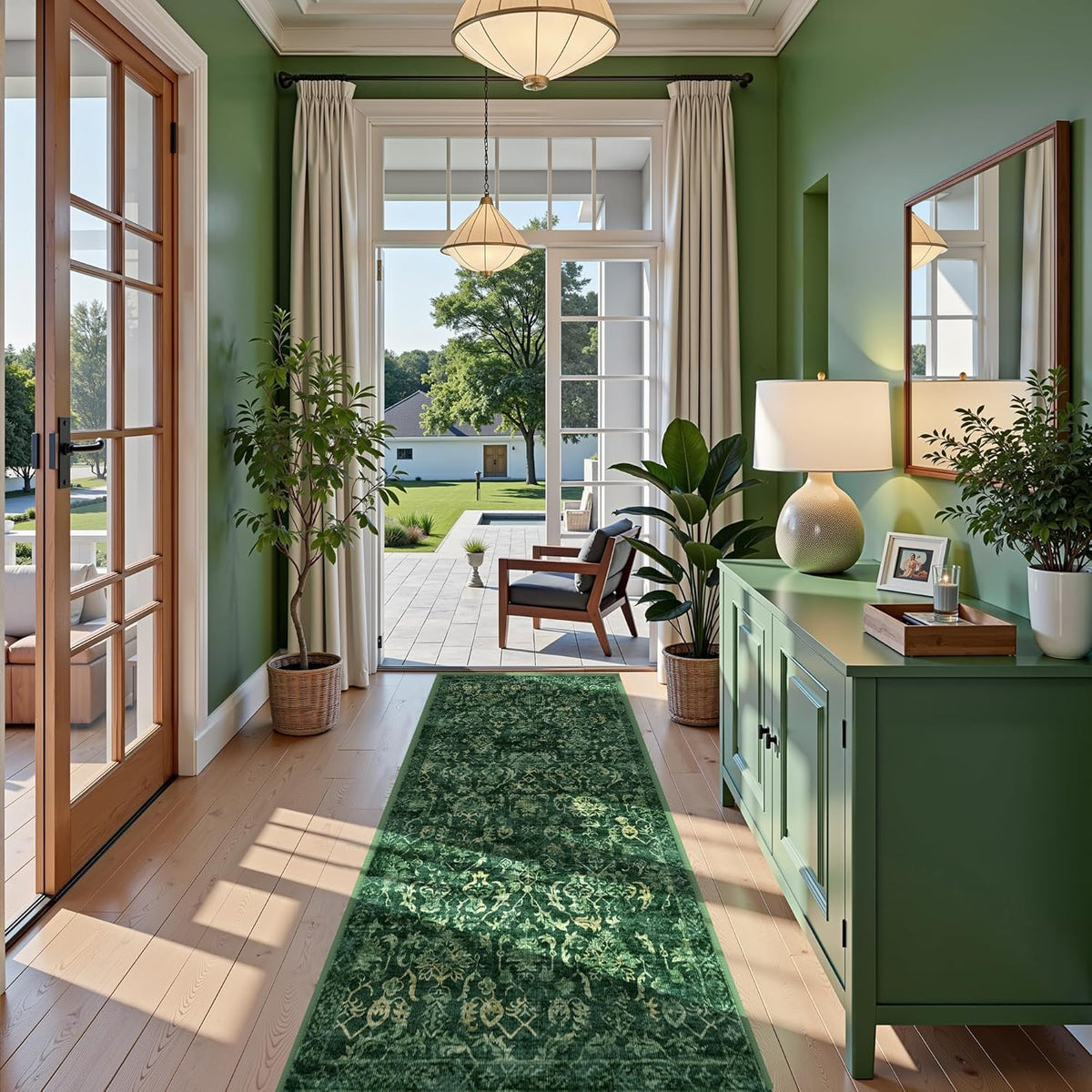 Dark Green 3x7 Runner Rug for Hallways Bed Side Kitchen, Boho Washable Distressed Low-Pile Floor