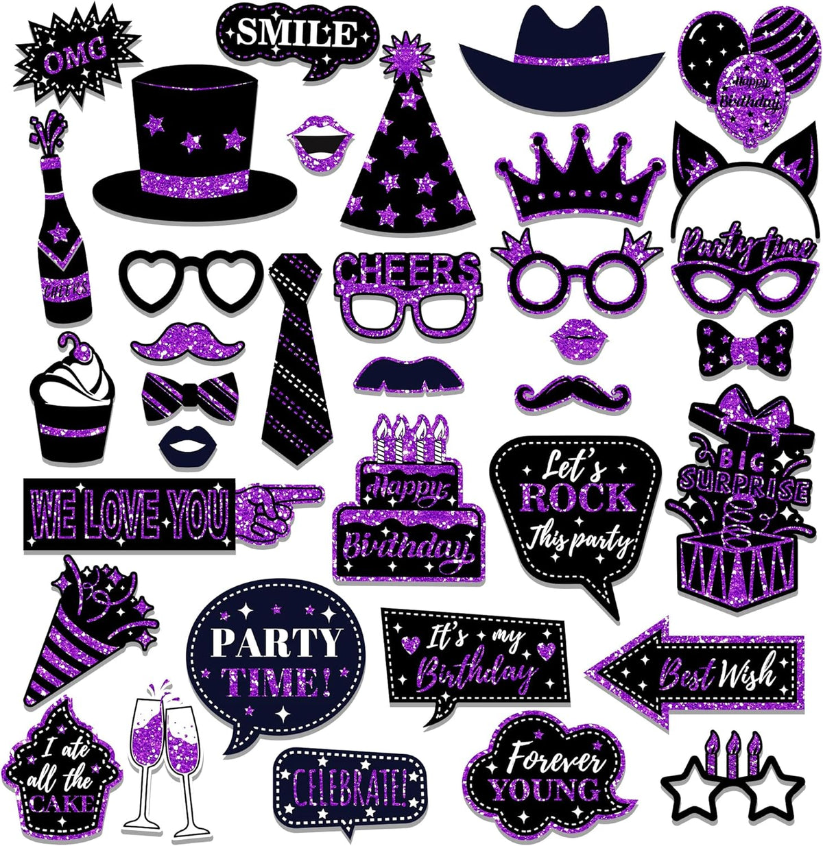 36 PCS Birthday Photo Booth Props Party Supplies Holiday Picture Decorations Photo Booth Props for