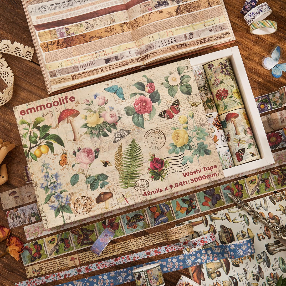 42 Rolls Vintage Washi Tape Set, Floral Letter Butterfly Mushroom Botanical Flower Writable