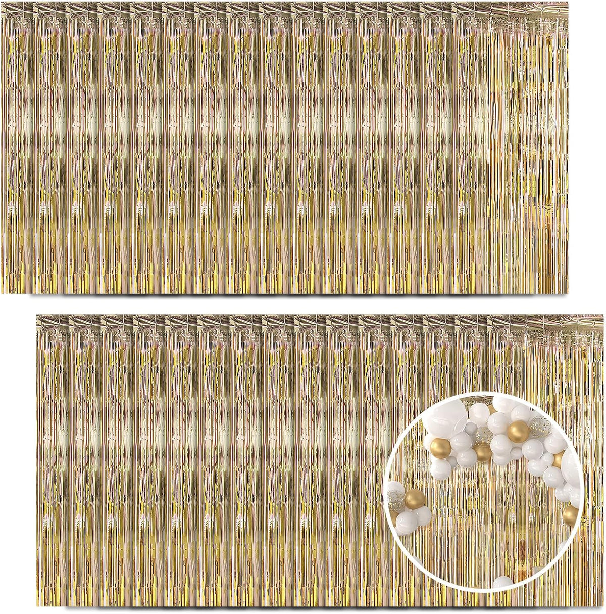 30 Pack Champagne Gold Foil Fringe Curtain Backdrop, 3.3x8.2 Feet Metallic Tinsel Streamer Curtains