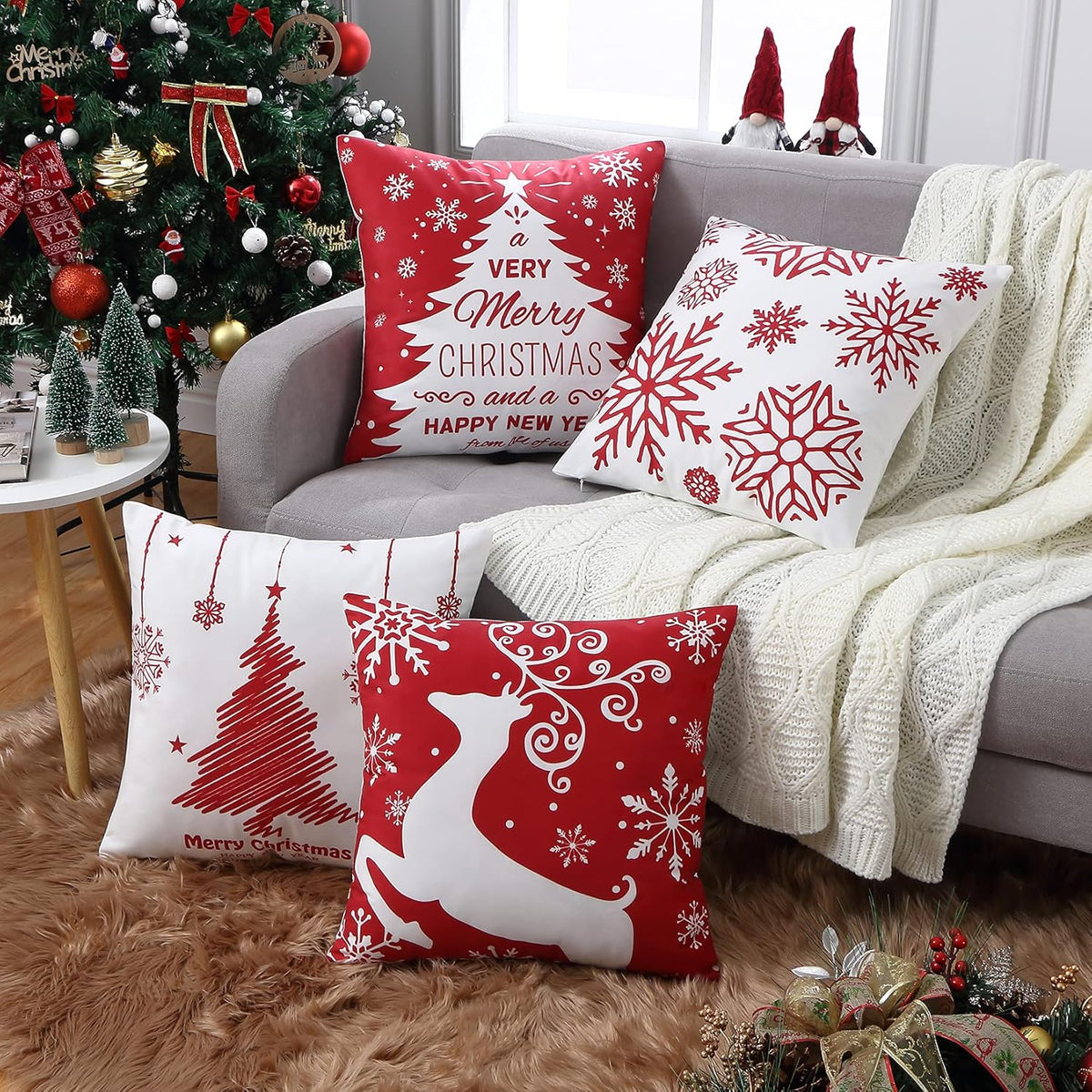 Christmas Pillow Covers 20x20 Set of 4 Farmhouse Christmas Tree Throw Pillow Case Snowflake