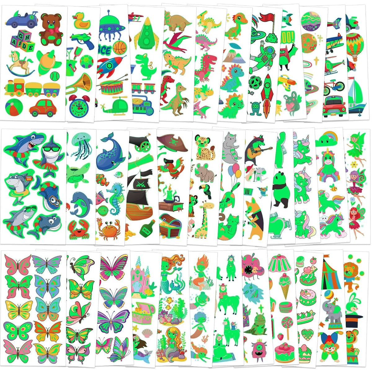 370 Patterns Party Favors for Kids, 36 Sheets Glow In Dark Stickers Luminous Temporary Tattoos