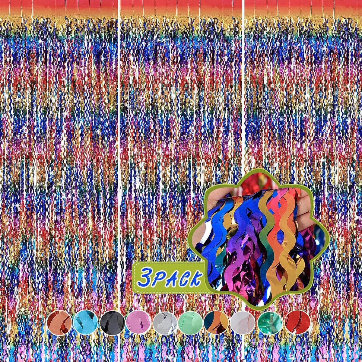 3 Pack Colorful Foil Fringe Curtain Backdrop - 6.6 x 3.3 ft Wavy Rainbow Tinsel Backdrop Curtain