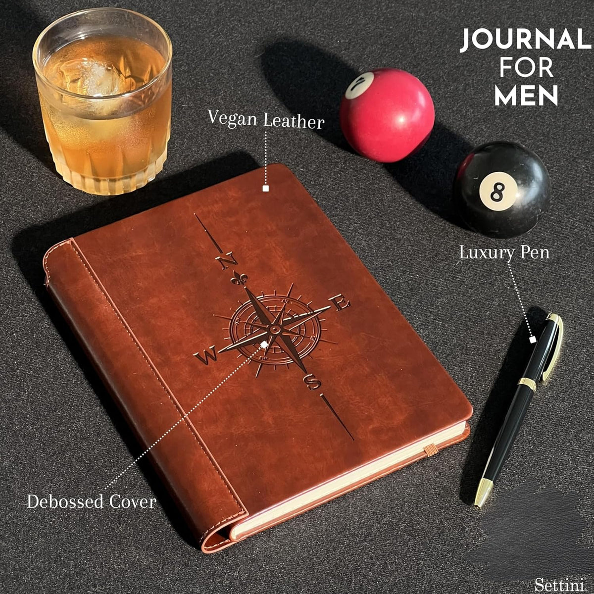 SETTINI® Lined Journal - Compass Journal for Writing Gift Set - Hardcover Vegan Leather, Includes