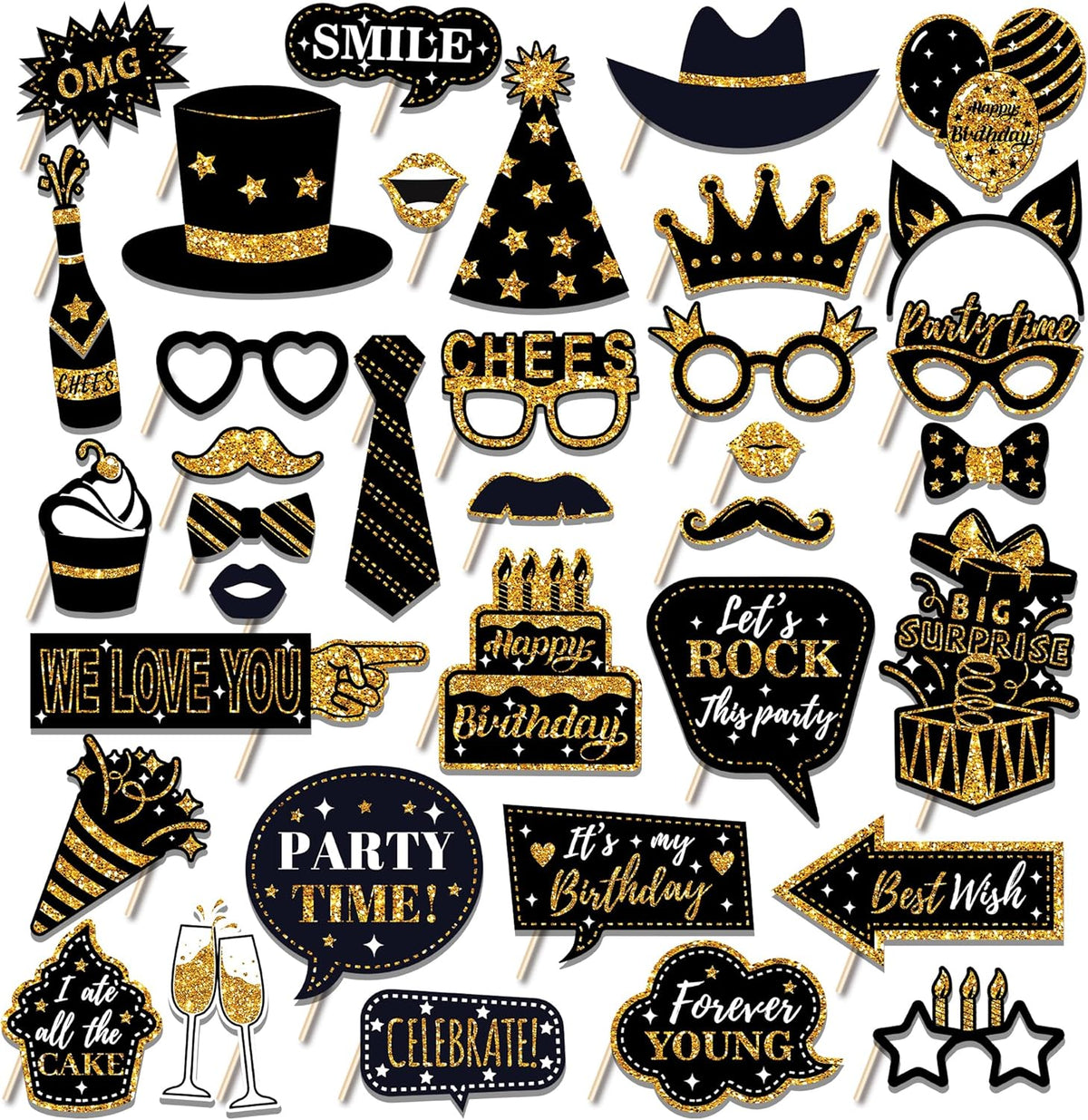 36 PCS Birthday Photo Booth Props Party Supplies Holiday Picture Decorations Photo Booth Props for