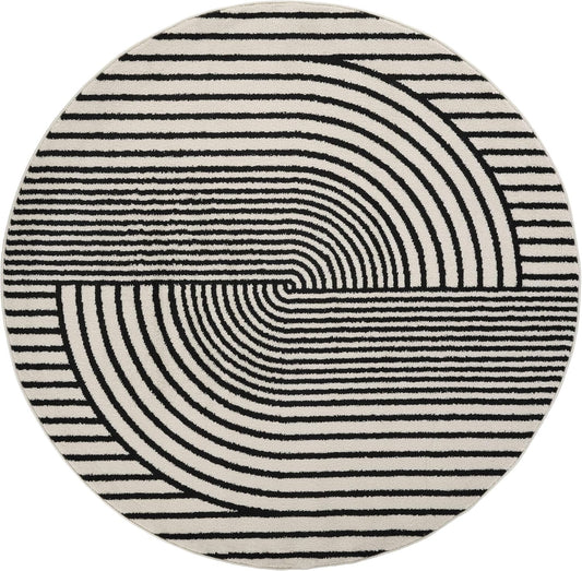 Abani Nuevo Collection Area Rug - Mid-Century Black and White Arch Knot Design - 6' Round - for