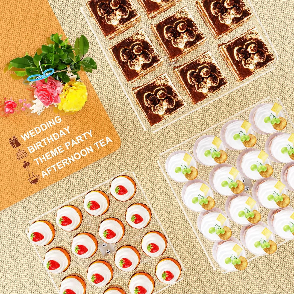 3 Piece Cupcake Stand, Acrylic Dessert Table Display Set, Clear Square Serving Trays for Birthday